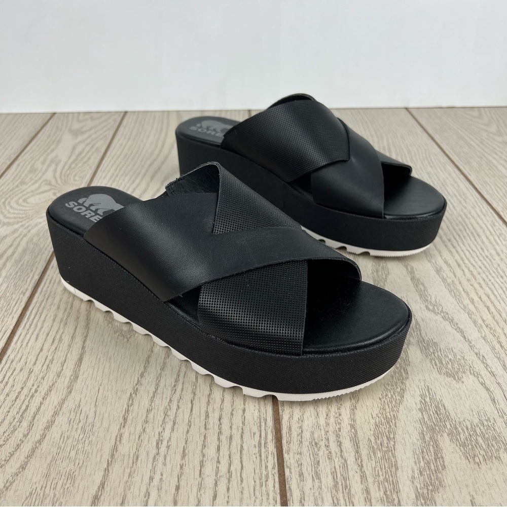 Sorel Women's Cameron Flatform Mule Sandals US9.5 Black & Sea Salt $125